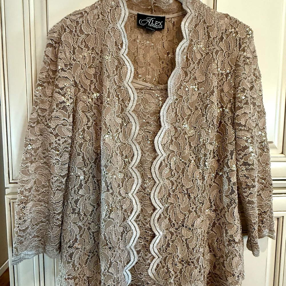 Like New! Alex Evening Elegant Lace Dress Set in Tan-Gold! Size 14 - Picture 3 of 8